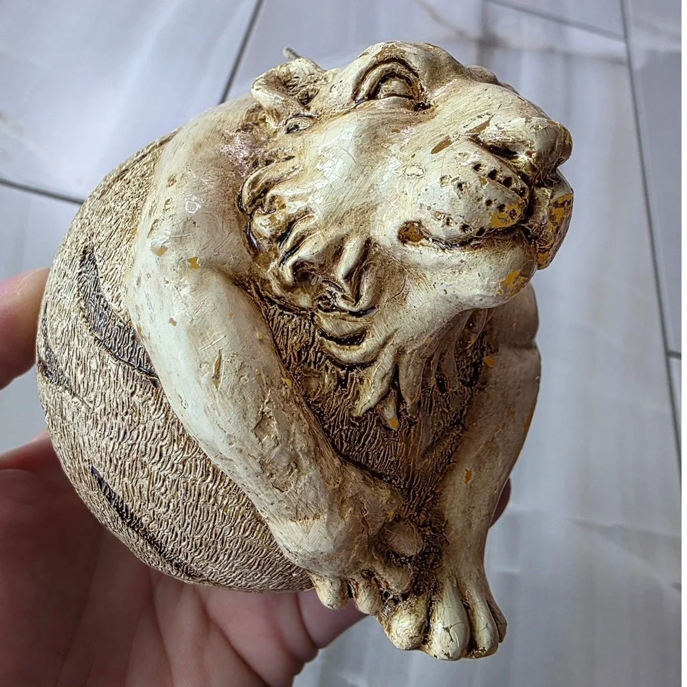 Vintage Sculpted Tiger Head Sphere Candle Cream Tan Textured Safari Decor P4‎